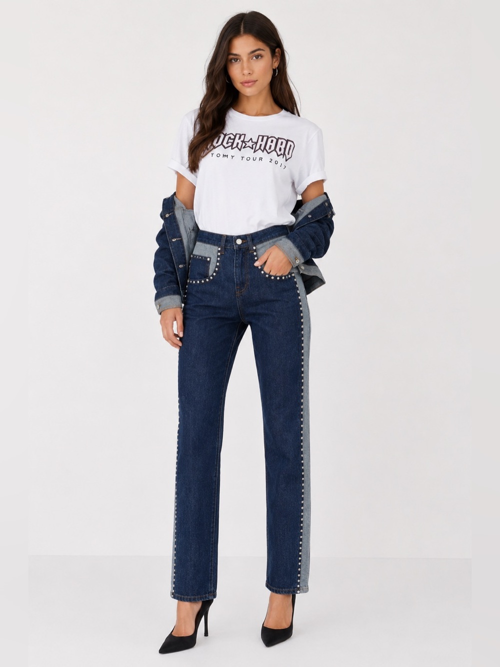 Gigi Hadid x Tommy Hilfiger Studded Two-Tone Straight Leg Crop Jeans Size 27